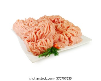 Raw Meat. Fresh Minced Chicken On A Plate Isolated.