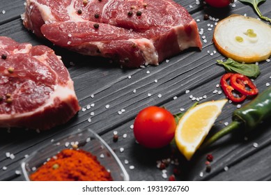 Raw Meat With Fresh Vegetables And Spices On Wooden Background. Top View. Free Space For Text. Prepare Yourself Concept