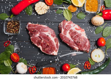 Raw Meat With Fresh Vegetables And Spices On Wooden Background. Top View. Free Space For Text. Prepare Yourself Concept