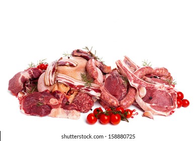 Raw meat mix: steaks,  poultry, sausages, ham, chopped, minced.