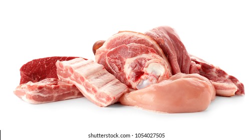Raw meat products on white background