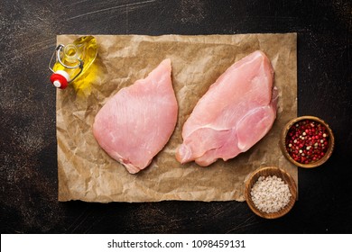 Raw Meat Of Turkey Steak On Dark Old Background. Top View.