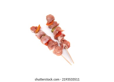 Raw Meat And Vegetable Skewer, Isolated On White Background. In Gastronomy, Brochette (from The French Brochette, Meaning 