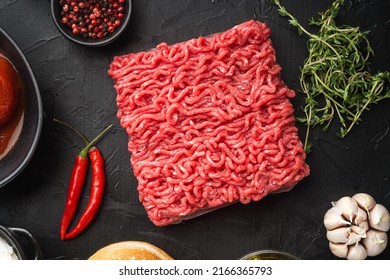 Raw Meatballs Burger Or Sandwich Ingredients With Sesame Buns Set, On Black Stone Background, Top View Flat Lay