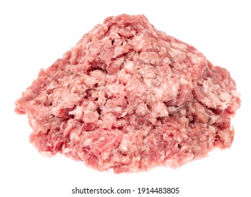 Raw Minced Meat Isolated On White Background. Chopped Meat Background.  Fresh Raw Ground Pork Heap. Top View.