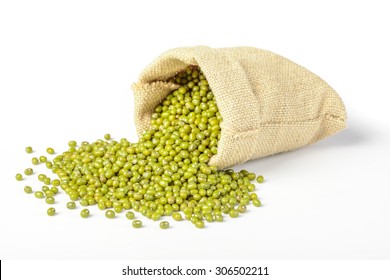 Raw Mung Bean In The Sack, Isolated On White