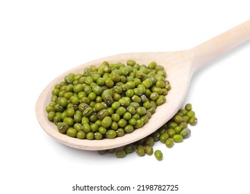 Raw Mung Beans With Wooden Spoon Isolated On White