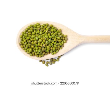 Raw Mung Beans With Wooden Spoon Isolated On White, Top View