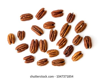 Raw Natural Organic Pecans Nuts Scattered Isolated on White Background Top View Healthy Food for Life Natural Light Selective Focus