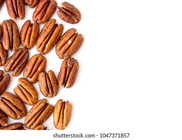 Raw Natural Organic Pecans Nuts Scattered Isolated on White Background Top View Healthy Food for Life Natural Light Selective Focus