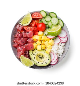 Raw organic ahi tuna poke bowl with rice and veggies. top view . isolated on white background  - Shutterstock ID 1840824238