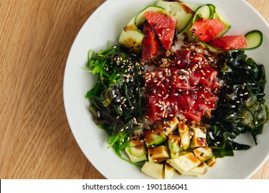 Raw Organic Ahi Tuna Poke Bowl. Top View