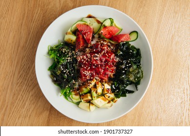 Raw Organic Ahi Tuna Poke Bowl. Top View