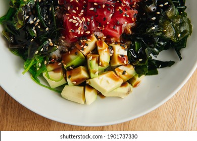 Raw Organic Ahi Tuna Poke Bowl. Top View