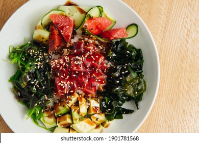 Raw Organic Ahi Tuna Poke Bowl. Top View