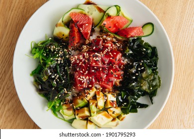 Raw Organic Ahi Tuna Poke Bowl. Top View