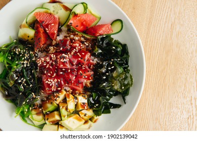 Raw Organic Ahi Tuna Poke Bowl. Top View