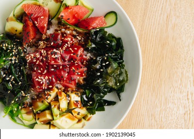 Raw Organic Ahi Tuna Poke Bowl. Top View