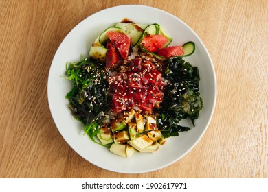 Raw Organic Ahi Tuna Poke Bowl. Top View