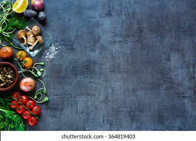 Raw organic vegetables with fresh ingredients for healthily cooking on vintage background, top view, banner. Vegan or diet food concept. Background layout with free text space. - Shutterstock ID 364819403