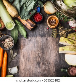 Raw Organic Vegetables Ingredients For  Healthy Cooking On Rustic Wooden Background, Top View, Country Food , Frame