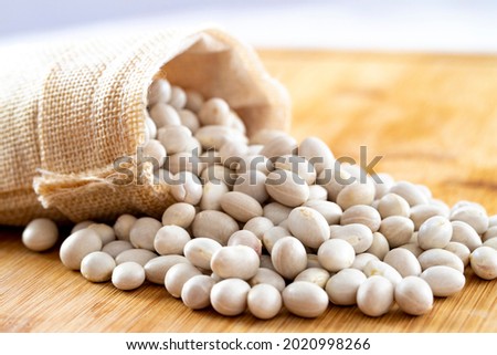 Raw Organic White Haricot bean on wooden background