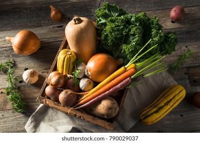 Raw Organic Winter Farmers Market Box With Potatoes Garlic Onion Squash And Kale