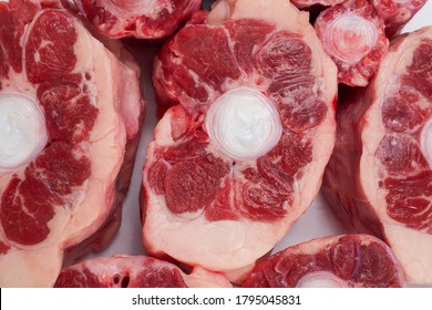 Raw Oxtail Portion, Close Up.  Fresh Meat Post Processing. Top Down View.