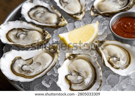 Raw Oysters on the Half Shell : Plump briny oysters on crushed ice with a lemon wedge and cocktail sauce, a classic luxury seafood appetizer for upscale restaurant and fine dining menus