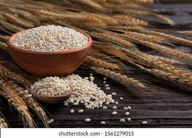 Raw peeled barley grains  (Hordeum vulgare) in Clay bowl - Shutterstock ID 1561279015