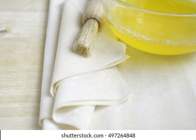 Raw Phyllo Dough Sheets With Brush And Butter