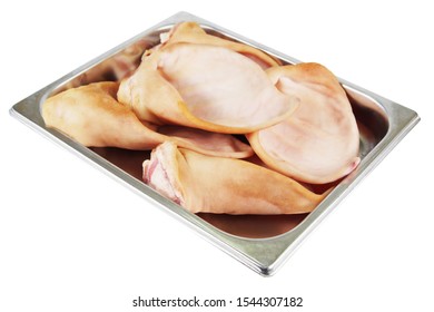 Raw Pig Ears In A Metal Tray