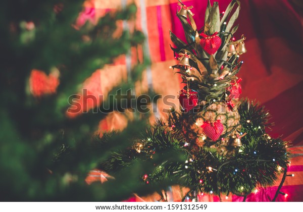 Raw Pineapple Fruit Decorated Alternative Crhistmas Stock Photo