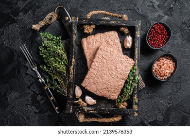 Raw Plant Based Vegan Mince Meat With Herbs. Black Background. Top View.