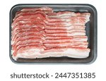 Raw pork bacon in black plastic pack isolated on white background. Streaky brisket slices, fresh thin sliced bacon, food ingredient