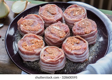 Raw Pork Fillet Filled With Chorizo And Wrapped With Bacon