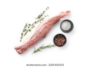 Raw Pork Fillet On White Background With Rosemary, Salt And Pepper, Top View