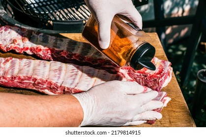 Raw Pork Ribs With A Spices (rub) For BBQ.