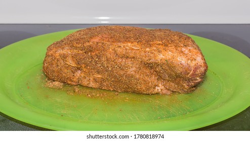 Raw Pork Roast Or Boston Butt:  Pork Roast Or Boston Butt Seasoned With Dry Rub And In Its Raw State Before Cooking.