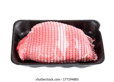 Raw Pork Roast In Tray Isolated On White