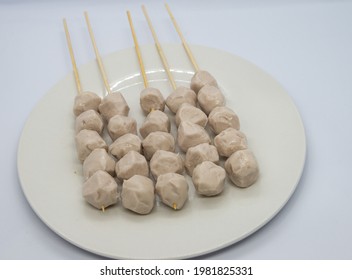 Raw Pork Sausage Shrimp Vegetable Skewers Place On Dish Prepare For Grill.