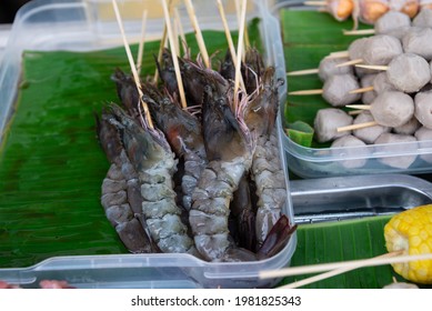 Raw Pork Sausage Shrimp Vegetable Skewers Place On Dish Prepare For Grill.