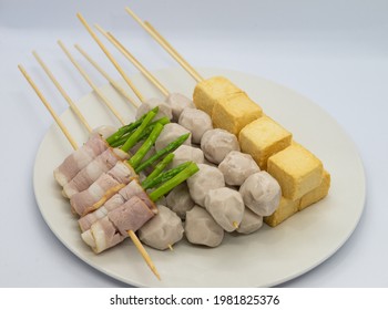 Raw Pork Sausage Shrimp Vegetable Skewers Place On Dish Prepare For Grill.