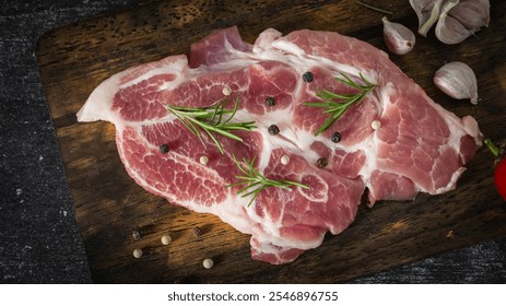 Raw Pork Tenderloin with Garlic Cloves, Pepper and Rosemary, Prepared for Dinner on a Wooden Cutting Board - Powered by Shutterstock