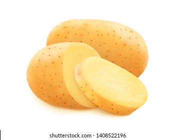 Raw potato isolated on white background with clipping path, pile of whole and sliced potatoes
