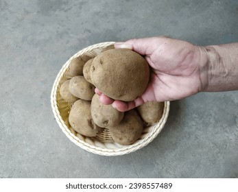 A Raw Potato Tuber (Solanum Tuberosum) Held by A Woman's Hand