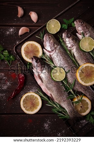 Raw rainbow trout, with lemon and herbs, on a wooden table, no people,