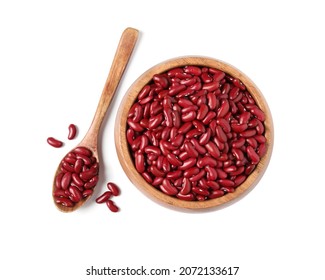 Raw Red Kidney Beans With Wooden Bowl And Spoon Isolated On White, Top View