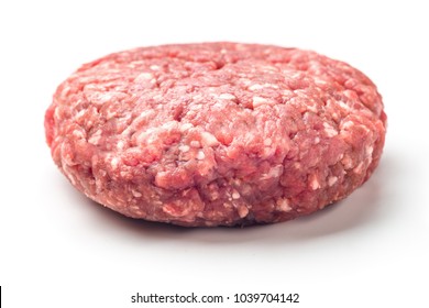 Raw Red Meat Burger For Hamburgers Of Minced Ground Beef Or Pork Ready For Cooking Isolated On White Background