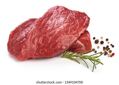 Raw Ribeye Beef Steak With Rosemary, Sliced Fresh Meat, Close-up, Isolated On White Background.